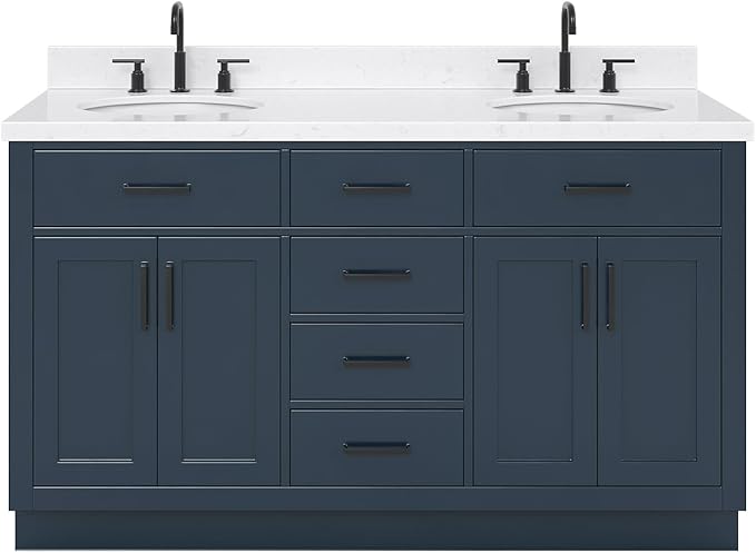 ARIEL Hepburn 72-inch Bathroom Vanity with Sink,Solid Wood, 1.5-inch Carrara White Quartz Countertop, Double Oval Porcelain Sink, 4 Soft Closing Doors, 6 Dovetail Drawers, Midnight Blue