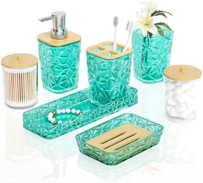 Bathroom Accessories Set, 7 Pcs Teal Bathroom Set, Acrylic Soap Dispenser and Toothbrush Holder Set, Qtip Holder Set, Bathroom Sink Set, Gift for Home Apartment
