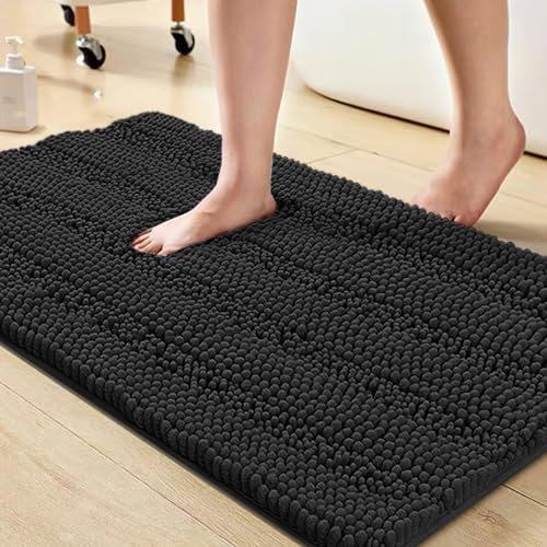 Turquoize Luxury Chenille Bath Rug for Bathroom Rugs Extra Absorbent Bath Mat Non Slip Microfiber Shower Rug for Bathroom Microfiber Shaggy Carpet Rug Size, 20"x 32", Black