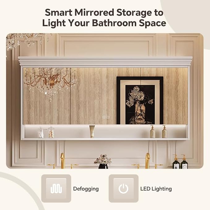 Bathroom Vanity with Single/Double Sink,Smart Defogging Mirror and Cabinet,48-92IN French Elegant Style Solid Wood Floor Standing Vanity