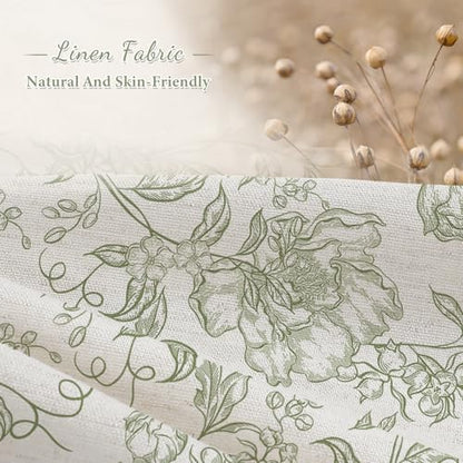 Sage Boho Linen Fabric Shower Curtain , Farmhouse Floral For Bathroom