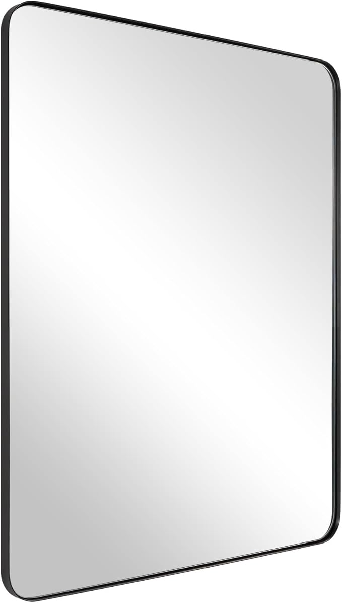 Wall Mirror for Bathroom, 24x36 Inch Black Bathroom Mirror, Stainless Steel Metal Frame with Rounded Corner, Rectangle Glass Panel Wall Mounted Mirror Decorative for Bathroom