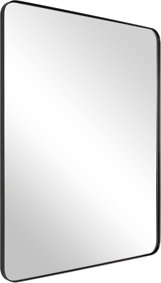 Wall Mirror for Bathroom, 20”x28” Black Bathroom Mirror, Rounded Rectangle Mirror in Premium Stainless Steel Metal Frame Hangs Horizontal Or Vertical