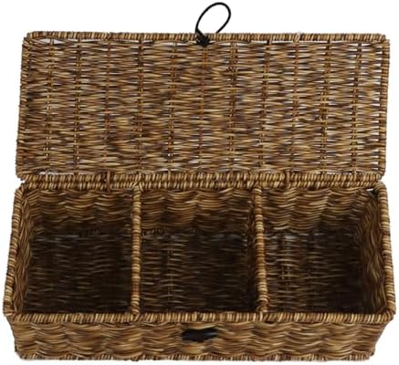 Waterproof Wicker Storage Basket with Lid and Dividers, Brown
