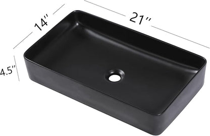 24"x14" Matte Black Bathroom Vessel Sink Rectangle Porcelain Ceramic Above Counter Sink Bowl for Vanity Powder Room Cabinet Lavatory