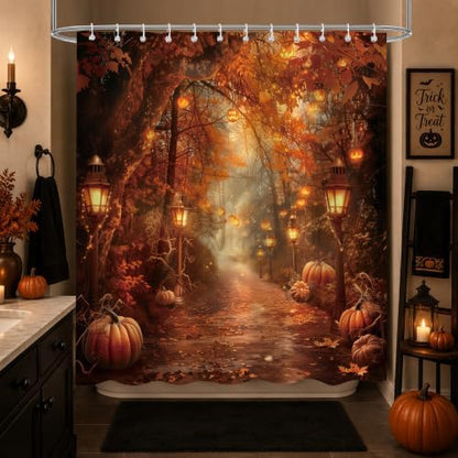 Fall Pumpkins Shower Curtain，Halloween Autumn Thanksgiving Harvest Forest Rural Trail Bathroom Decor，72 x 84 Inch Polyester Fabric Waterproof Bathroom Curtain with Hooks