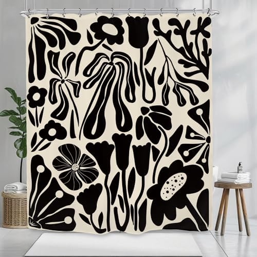 Black Off White Matisse Flower Art Shower Curtain 60Wx72L Inch Abstract Vintage Botanical Blossom Minimalist Neutral Wildflower Bathroom Set Accessories Decor with 12 Pack Hooks