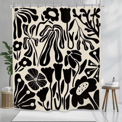 Black Off White Matisse Flower Art Shower Curtain 60Wx72L Inch Abstract Vintage Botanical Blossom Minimalist Neutral Wildflower Bathroom Set Accessories Decor with 12 Pack Hooks