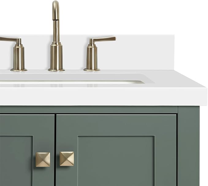 ARIEL Cambridge 36-inch Bathroom Vanity with Sink,Solid Wood, 1.5-inch Pure White Quartz Countertop, Single Rectangular Porcelain Sink, 2 Soft Closing Doors, 5 Dovetail Drawers, Vintage Green