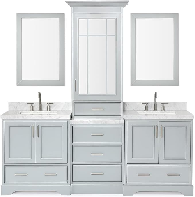 ARIEL Stafford 84-inch Bathroom Vanity with Sink,Solid Wood, 1.5-inch Italian Carrara Marble Countertop, Double Rectangular Porcelain Sink, 5 Soft Closing Doors, 6 Dovetail Drawers, Grey