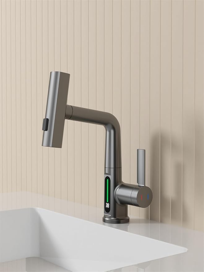 Bathroom One Hole Sink Basin Faucet with Waterfall Pull Down Sprayer,Vanity Single Handle 1 Hole RV Kitchen Pull Out Faucet with Rainfall Spray Head Temperature Digital Display Mixer Tap Grey
