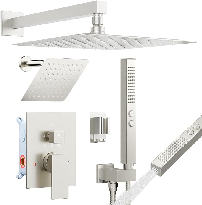 Shower System 12''Wall Mounted Shower Faucet Sets and 6 ''Wall Mounted Shower Head, Bostingner Diverter 5 Function Dual Shower System with 2 in 1 Shower Handheld Brushed Nickel