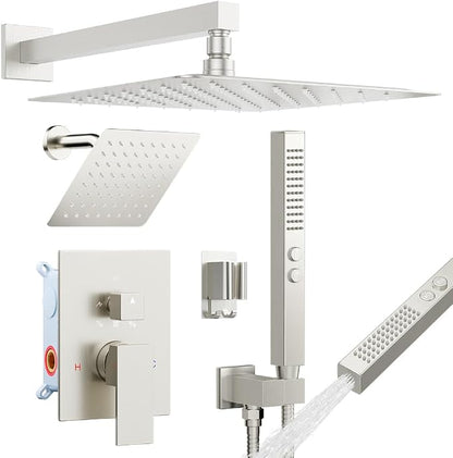 Shower System 12''Wall Mounted Shower Faucet Sets and 6 ''Wall Mounted Shower Head, Bostingner Diverter 5 Function Dual Shower System with 2 in 1 Shower Handheld Brushed Nickel