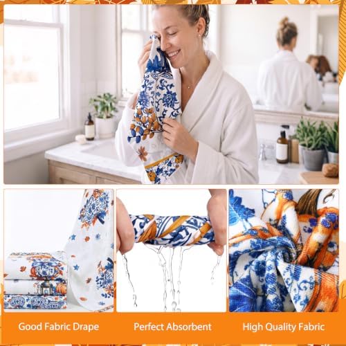 FuWeave 8 Pcs Fall Pumpkin Shower Curtain Set for Bathroom Decor Include Blue and White Chinoiserie Autumn Shower Curtain Harvest Floral Towels Non Slip Rugs Toilet Lid Cover Bath Mat and 12 Hooks