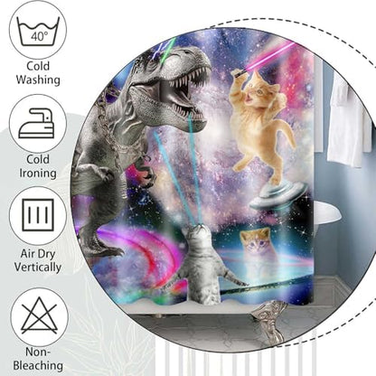 Funny Cat Shower Curtain, Cool Cat Dinosaur Japanese Ocean Wave Shower Curtain, Cat Riding Dinosaur Fun Shower Curtain Nautical Kids Children Rustic Wooden Farmhouse Shower Curtain, 47X64inch, Purple