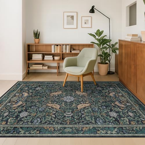 Cottagecore 5x8 Throw Rugs for Living Room, Washable Forest Rugs for Dining Room, Non Slip 5 by 8 Bedroom Under Bed, Low Pile Soft Carpet (Navy Blue & Deep Teal)