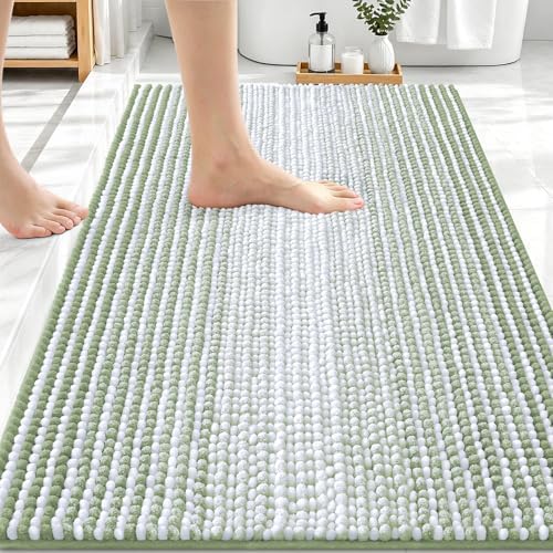OLANLY Bathroom Rugs 30x20, Soft Chenille Striped Bath Rugs, Sage Green