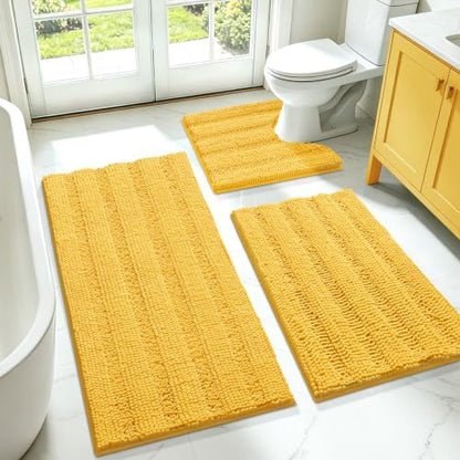 ACCUMTEK Striped Yellow Bathroom Rug Set 3 Pieces Ultra Soft, Non Slip Chenille Toilet Mat, Absorbent Plush Shaggy Bath Mats for Bathroom, Bedroom, Kitchen