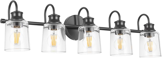 5 Lights Bathroom Light Fixtures Modern Black Vanity Lights | ETL Certificate, Easy to Install,Wall Mount Up or Down,Thickened Glass Lampshade,E26 Socket,Hardwired