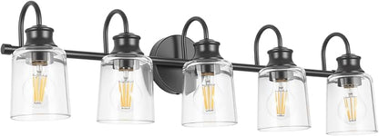 5 Lights Bathroom Light Fixtures Modern Black Vanity Lights | ETL Certificate, Easy to Install,Wall Mount Up or Down,Thickened Glass Lampshade,E26 Socket,Hardwired