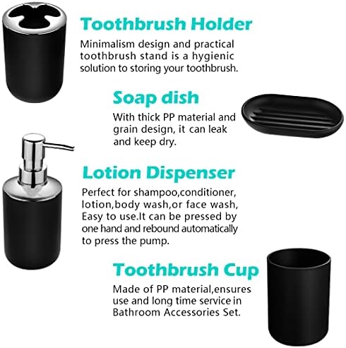 Compact 6-Piece Black Plastic Bathroom Accessories Set with Small Trash Can, Soap Dispenser, Toothbrush Holder, Cup, Soap Dish, Toilet Brush for Guest Bathroom Dorm Apartment