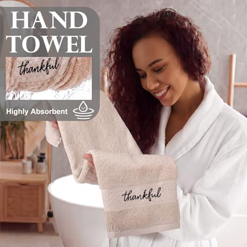 Hahafelt Decorative Bathroom Towel Set,Earth Tones,Grateful Thankful Blessed