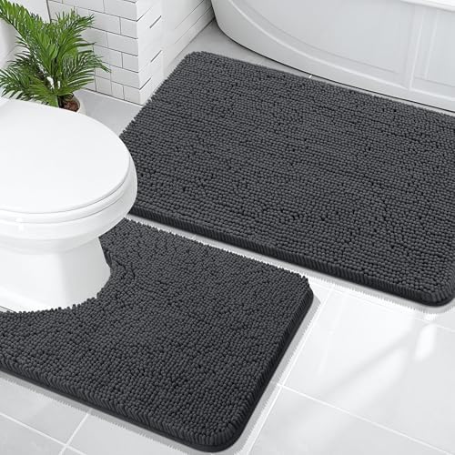 OLANLY Chenille Bathroom Rugs Mats Sets 2 Piece, 36"x24"+24"x20", Dark Grey