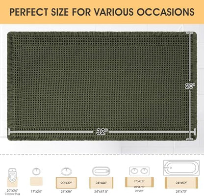 Waffle Bath Mat, Boho Woven Modern Bath Rug Absorbent Non Slip, Ultra Soft Bathroom Mats, Machine Washable Knit Bath Rugs with Border for Bathroom, Bedroom, Kitchen, Shower, Tub, 32"x20", Dark Green