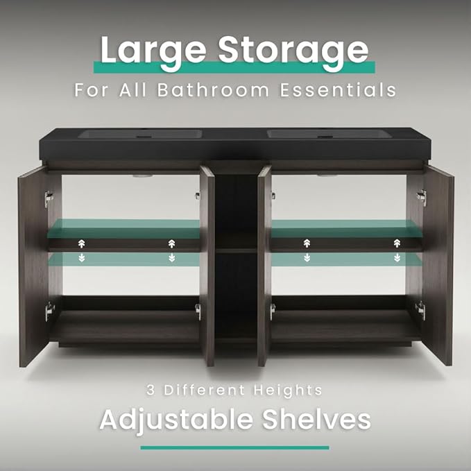 60" Double Bathroom Vanity with Sink Combo, Mid Century Modern Bathroom Cabinet with Doors & Shelves, Black Integrated Sink with Overflow, Smoked Oak