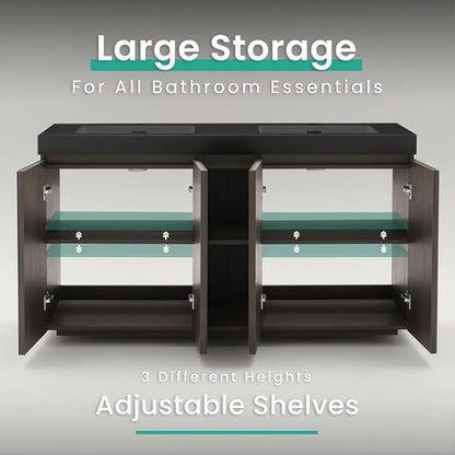 60" Double Bathroom Vanity with Sink Combo, Mid Century Modern Bathroom Cabinet with Doors & Shelves, Black Integrated Sink with Overflow, Smoked Oak