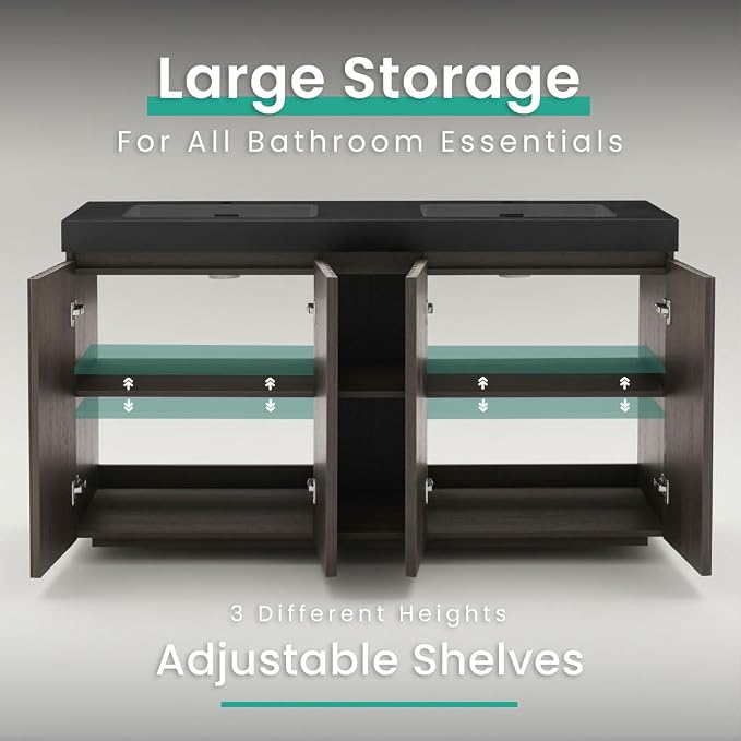 60" Double Bathroom Vanity with Sink (8" Widespread Faucet Holes Predrilled), Mid Century Modern Bathroom Cabinet with 4 Doors & Shelves, Matte Black Sink with Overflow, Smoked Oak