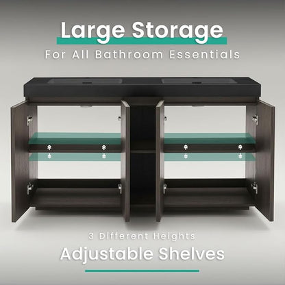 60" Double Bathroom Vanity with Sink (8" Widespread Faucet Holes Predrilled), Mid Century Modern Bathroom Cabinet with 4 Doors & Shelves, Matte Black Sink with Overflow, Smoked Oak