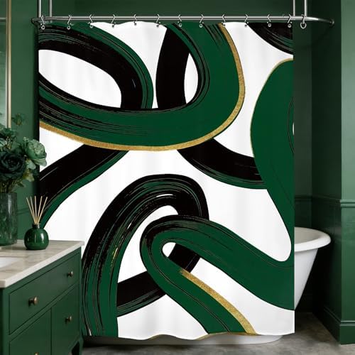 Abstract Emerald Green Black Green Shower Curtain 60Wx72L Inch Modern Minimalist Contemporary Geometric Line Neutral Simple Bathroom Set Accessories Decor with 12 Pack Hooks