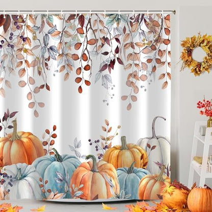 Fall Shower Curtains for Bathroom, Thanksgiving Pumpkins Autumn Leaves Shower Curtain Set with Hooks, Blue Orange Waterproof Fabric Fall Bathroom Decor Accessories, 72 x 72 Inch