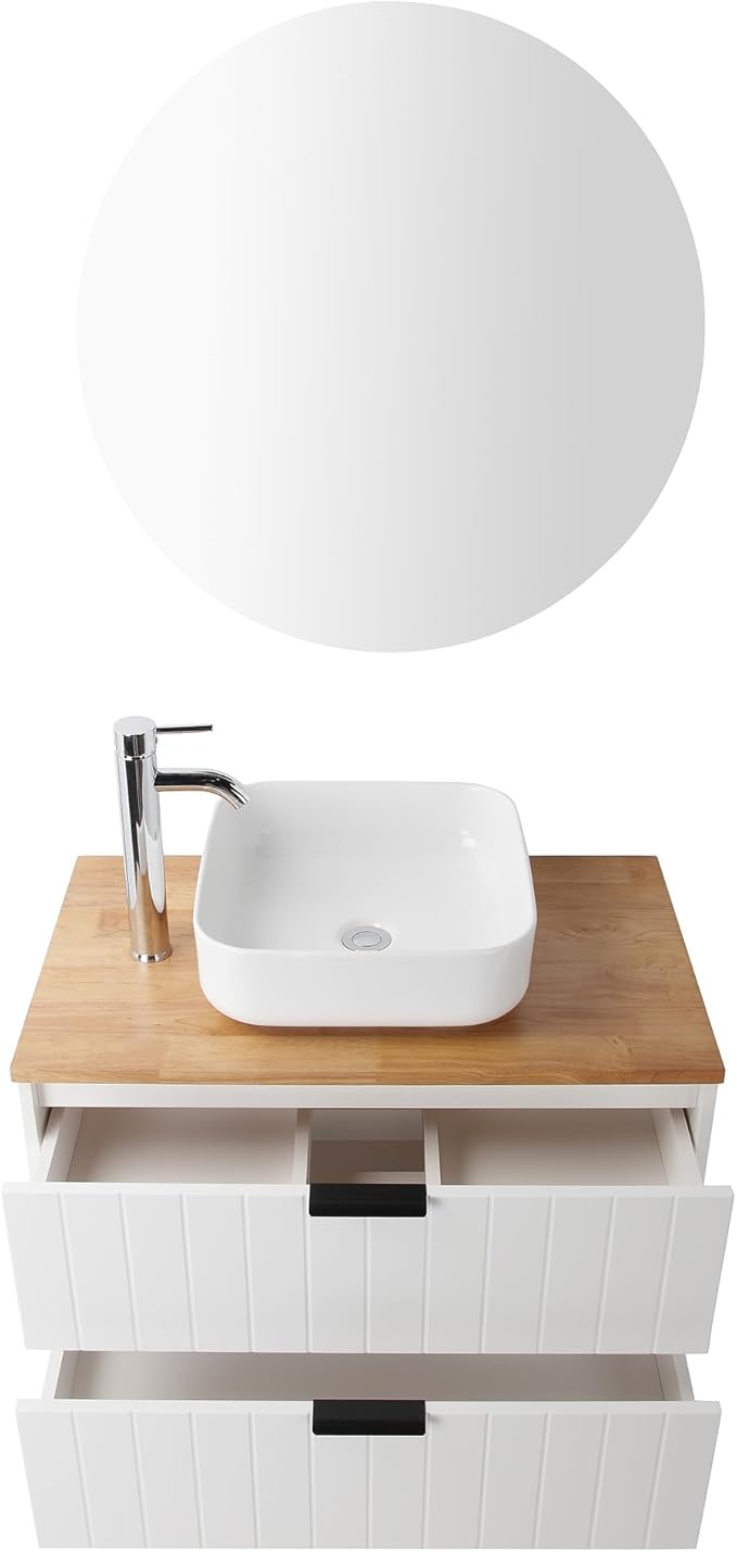 32 inch Bathroom Vanity with Sink and Solid Wood Countertop, Wall Mounted Bathroom Vanity Cabinet with 2 Drawers, Modern Floating Bathoom Vanity Set Include Square Ceramic Basin Sink & Round Mirror