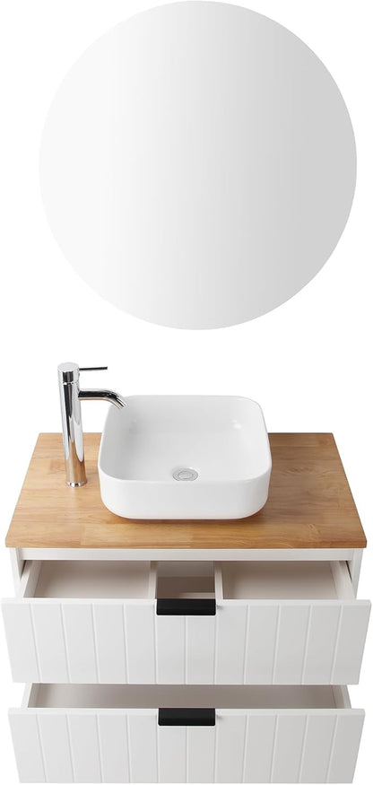 32 inch Bathroom Vanity with Sink and Solid Wood Countertop, Wall Mounted Bathroom Vanity Cabinet with 2 Drawers, Modern Floating Bathoom Vanity Set Include Square Ceramic Basin Sink & Round Mirror