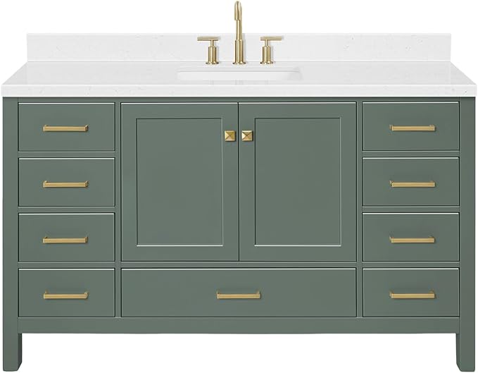 ARIEL Cambridge 60-inch Bathroom Vanity with Sink,Solid Wood, 1.5-inch Carrara White Quartz Countertop, Single Rectangular Porcelain Sink, 2 Soft Closing Doors, 9 Dovetail Drawers, Vintage Green