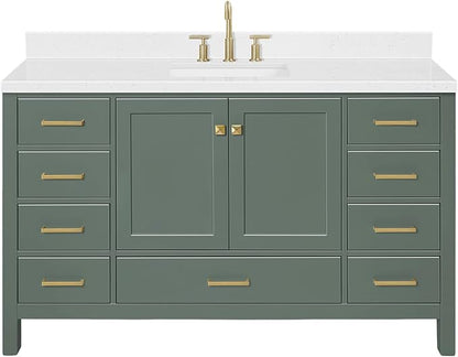 ARIEL Cambridge 60-inch Bathroom Vanity with Sink,Solid Wood, 1.5-inch Carrara White Quartz Countertop, Single Rectangular Porcelain Sink, 2 Soft Closing Doors, 9 Dovetail Drawers, Vintage Green