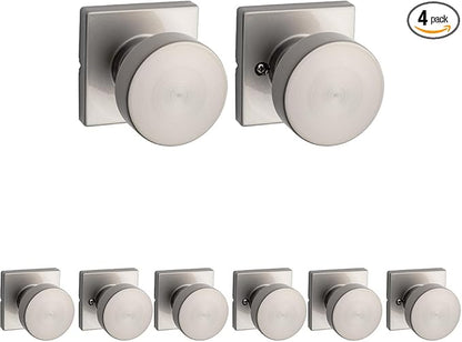 Kwikset Pismo Interior Passage Door Knob,Handle for Closet and Hallway Doors,Non-Locking Doorknob in Satin Nickel,with Microban Protection,(Pack of 4)