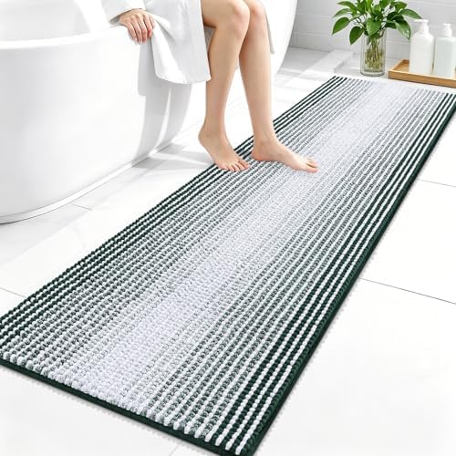OLANLY Bathroom Runner Rugs 59x20, Soft Chenille Bath Rugs, Blackish Green