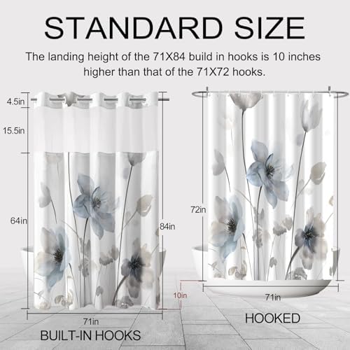 No Hook Shower Curtain and Liner Set, Blue Grey Boho Floral 71x84