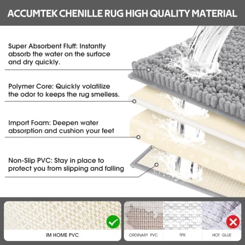 ACCUMTEK Upgrade Extra Large Light Grey Bathroom Rug Set 3 Pieces Gray Ultra Soft, Thick Absorbent Bath Mats, Non Slip Chenille Toilet Mat for Bathroom, Bedroom, Kitchen