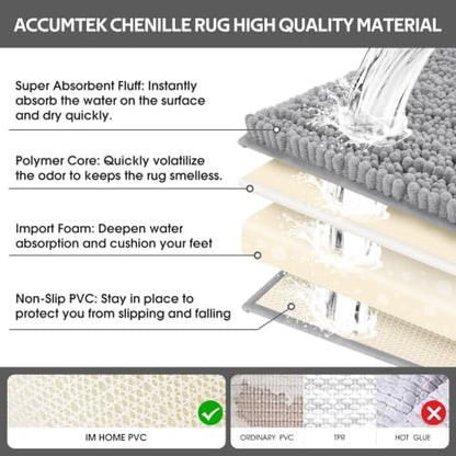 ACCUMTEK Upgrade Extra Large Light Grey Bathroom Rug Set 3 Pieces Gray Ultra Soft, Thick Absorbent Bath Mats, Non Slip Chenille Toilet Mat for Bathroom, Bedroom, Kitchen