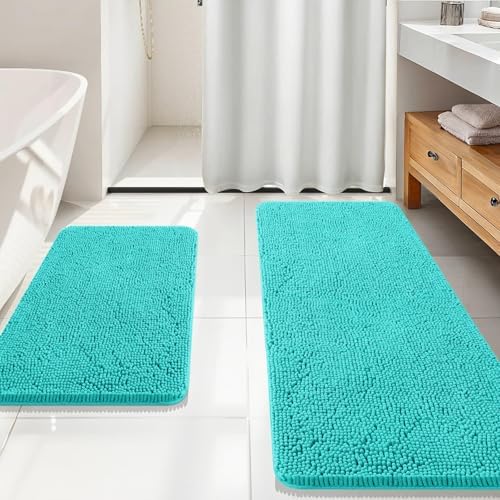 OLANLY Chenille Bathroom Rugs Mats Sets 2 Piece, 59"x20"+30"x20", Teal