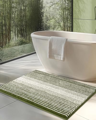BSICPRO Large Chenille Bathroom Rugs, 24x36 Striped Bath Mats, Sage