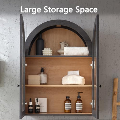 Bathroom Arched Wall Cabinet, 23.5'' Wide Medicine Cabinet, Wall Mount with Glass Doors & Adjustable Shelves, Over the Toilet Storage Cabinet for Laundry Room, Bedroom, Kitchen, Grey Black