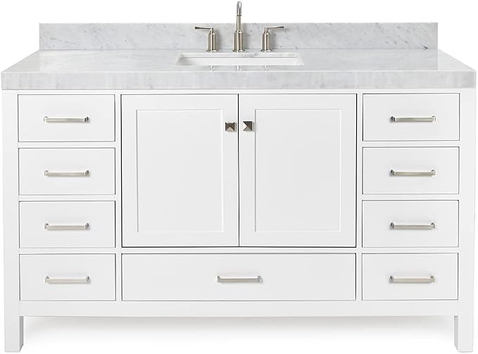 ARIEL Cambridge 60-inch Bathroom Vanity with Sink,Solid Wood, 2-inch Italian Carrara Marble Countertop, Single Rectangular Porcelain Sink, 2 Soft Closing Doors, 9 Dovetail Drawers, White