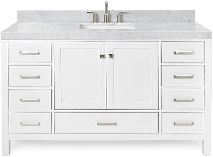 ARIEL Cambridge 60-inch Bathroom Vanity with Sink,Solid Wood, 2-inch Italian Carrara Marble Countertop, Single Rectangular Porcelain Sink, 2 Soft Closing Doors, 9 Dovetail Drawers, White