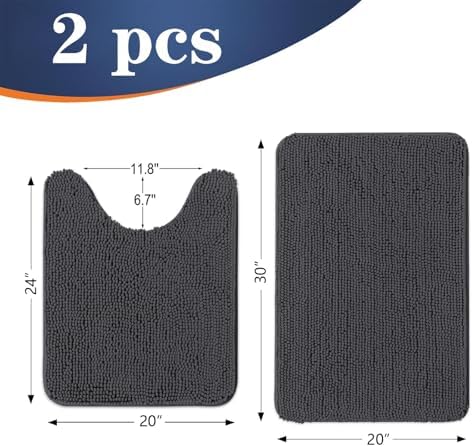 OLANLY Chenille Bathroom Rugs Mats Sets 2 Piece, 30"x20"+24"x20", Dark Grey