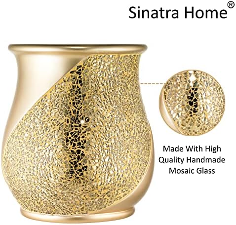 Zahari Home 2pc Sinatra Modern Bath Accessories Set Waste Basket & Tissue Box Champagne Gold Modern Decorative Beautiful Designs Bathroom Decor Set for Home Luxury Bath Set Mosaic Glass